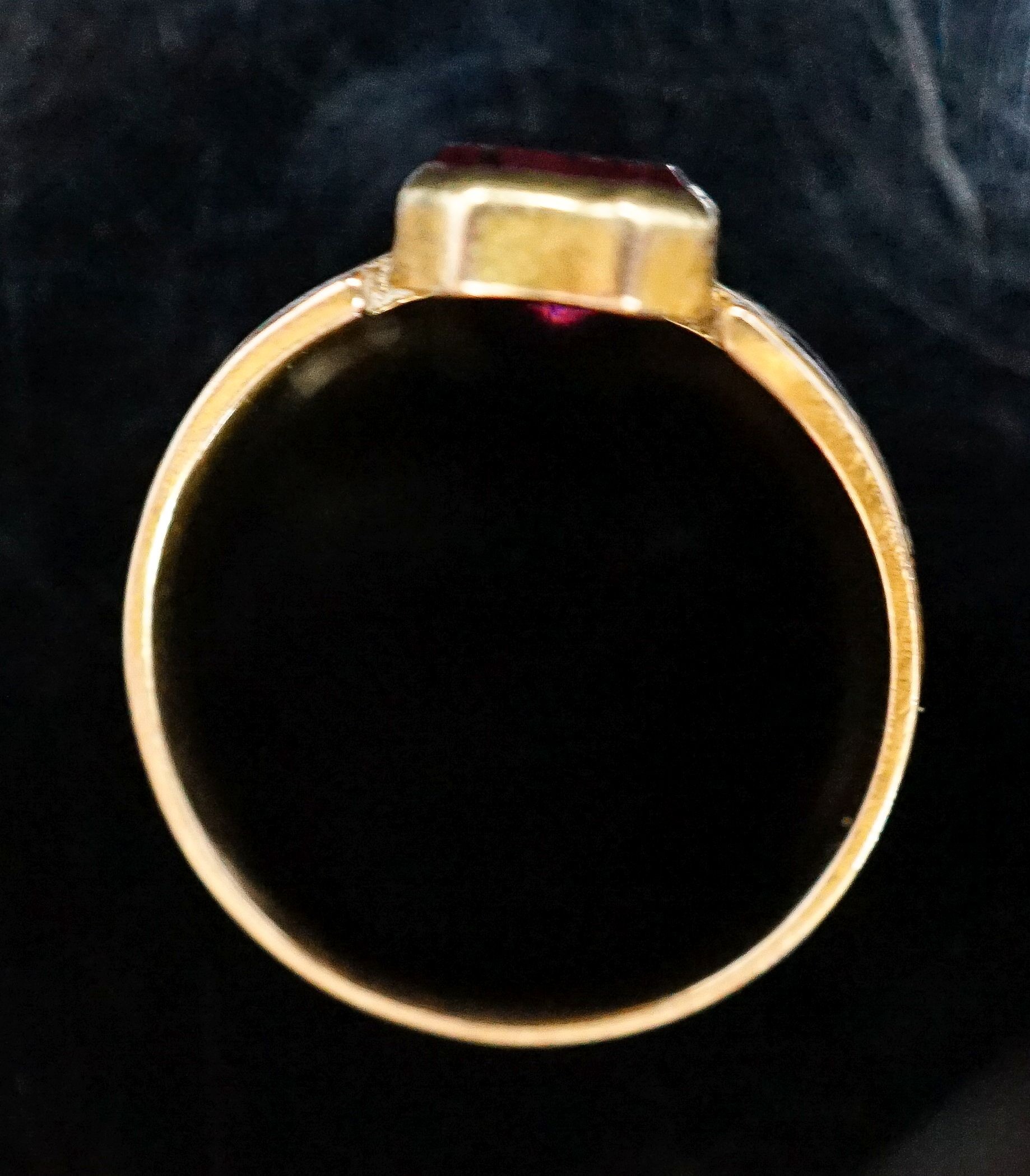 A Victorian two coloured enamel, yellow metal and foiled garnet signet ring, size M